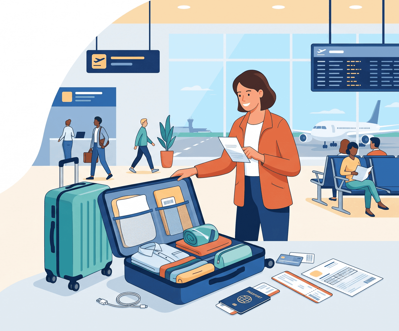 A traveller checking her boarding pass beside a packed cabin bag in an airport departure area.